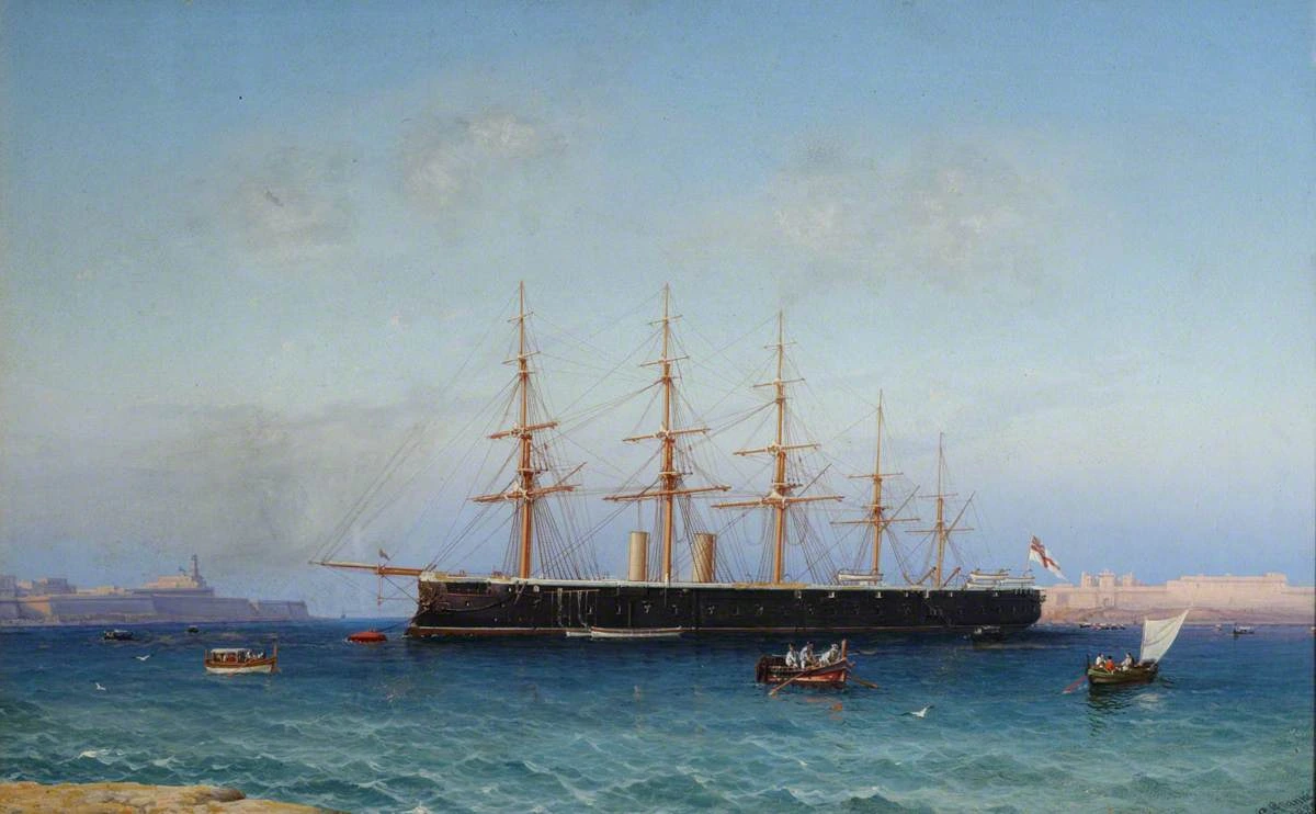 HMS Agincourt anchored at Malta, 1880.  Artist Girolamo Gianni, from painting at Royal Museums Greenwich