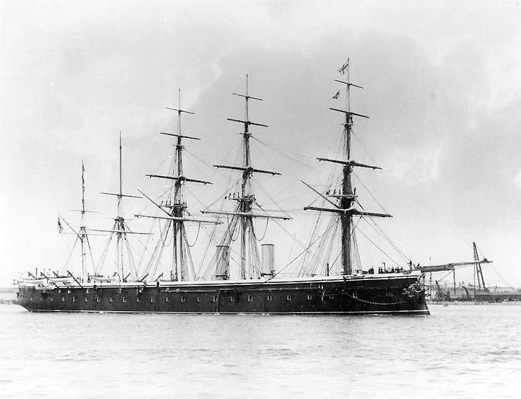 Ironclad HMS Minotaur as anchor as flagship of British Channel squadron between 1875 and 1887.  US Navy Historical Center. Photo # NH 76900