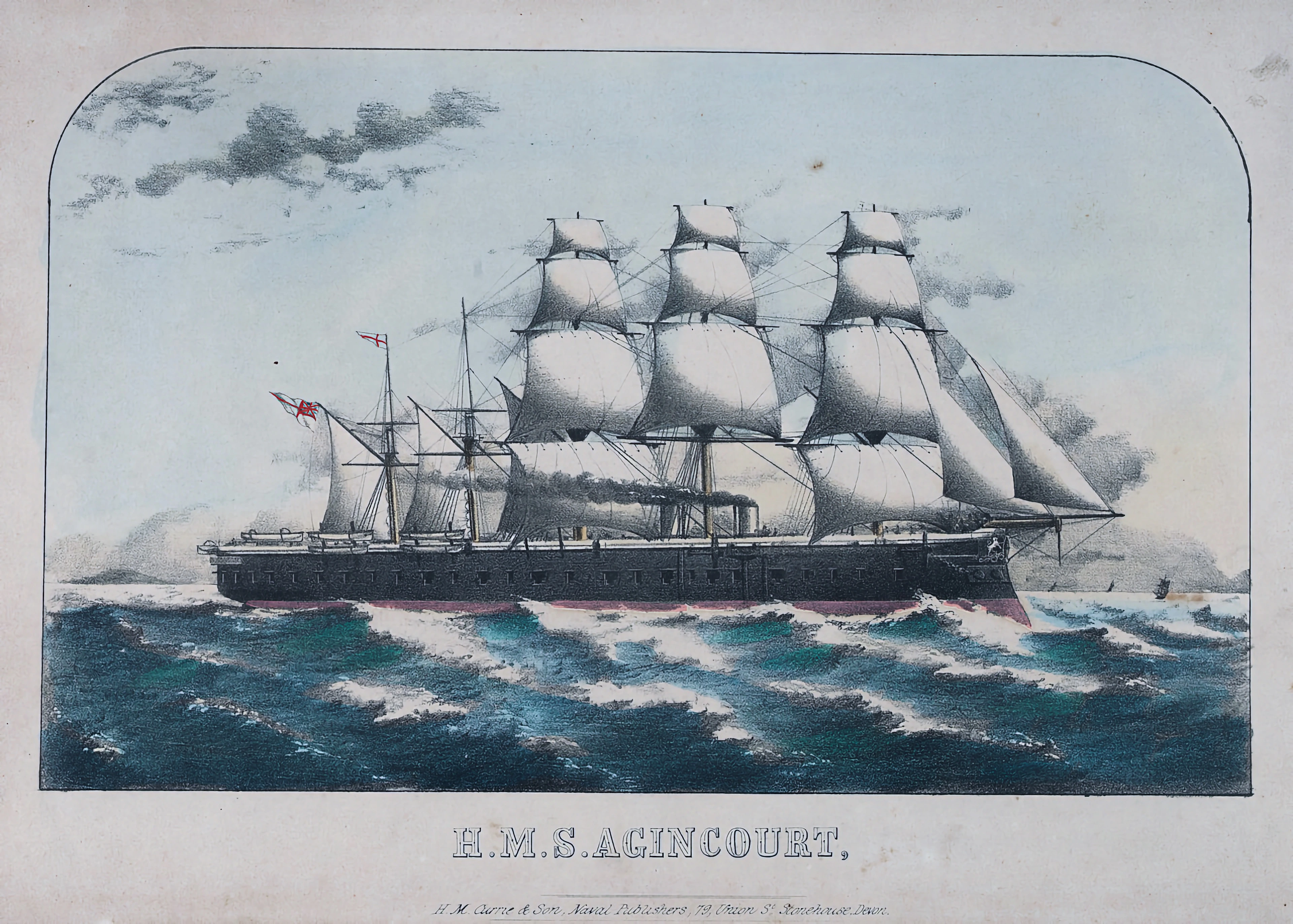 A 19th Century Ironclad, HMS Agincourt, at sea under steam and sail. H.M. Currie & Son (publishers) 19th century © National Maritime Museum, Greenwich, London   